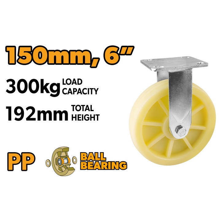 Rola fixa TOLSEN 150 mm (6"), polipropilena, capacitate 300 kg, baza metalica zincata, pas gauri 85x72 mm, pentru carucioare si echipamente grele