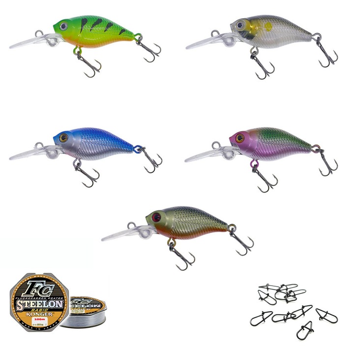 Set pentru pescuitul la clean, biban, stiuca Mix1 format din 16 piese: 5 voblere Konger Sonic Dart 4cm/4gr, 10 agrafe si o rola de fir monofilament 0.14 sau 0.16mm, 100m