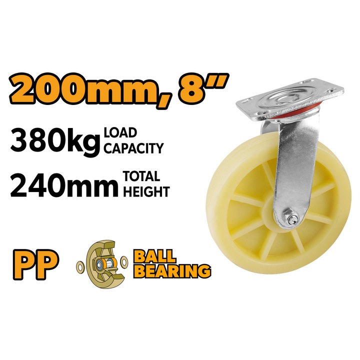 Rola pivotanta TOLSEN 8" (200 mm), polipropilena ranforsata, capacitate 380 kg, baza metalica zincata, rulment cu bile, pas gauri 85x72 mm