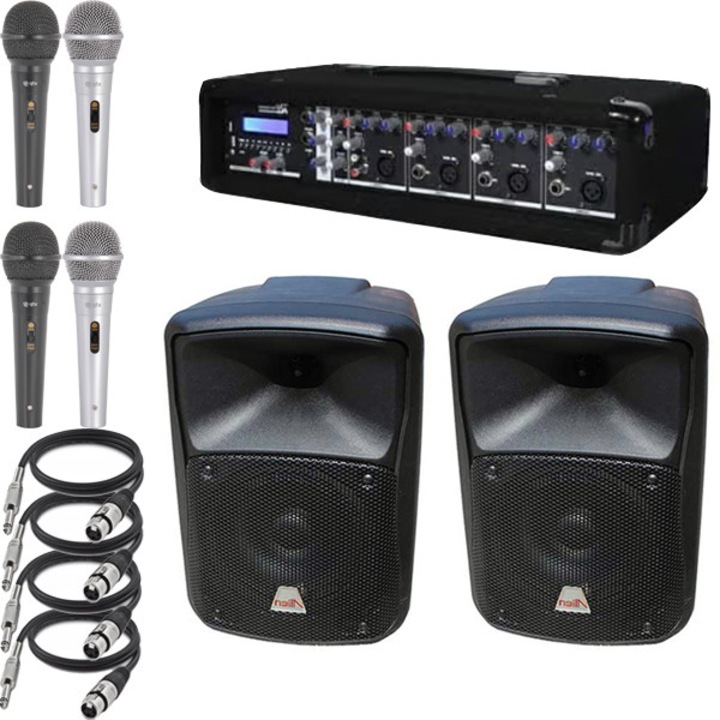 Sistem Audio Noiz Presenter 14, Mixer Amplificat cu 2 Boxe si 4 Microfoane, 2x100W, Compact, Adecvat pentru Evenimente