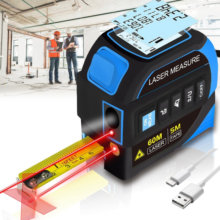 Многофункционална професионална лазерна рулетка 4 в 1，SHIJOOE®，Лазерен далекомер，с кръстосан лазерен лъч，Презареждаема 500mAh