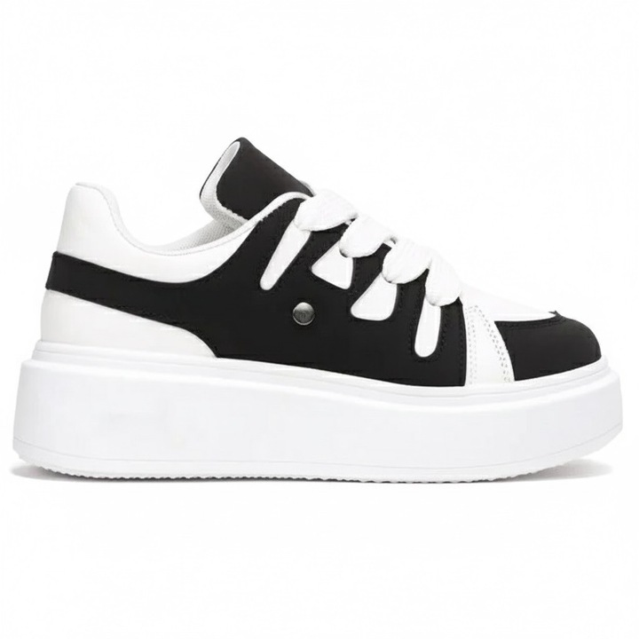 Tenisi dama Permani, alb-negru, piele ecologica, platforma, casual