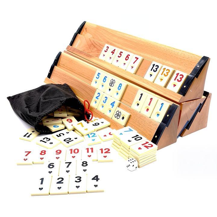 Joc Remi ANGMAD, set 4 table lemn masiv, piese plastic colorate, 53,5x13x10cm