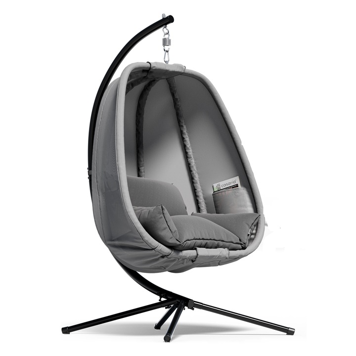 Висящ стол/люлка Casaria Alvie, 190 x 140 x 110 см, странични джобове, възглавница, пружинно окачване, регулируема височина, за вътрешна/външна употреба, стомана, сив