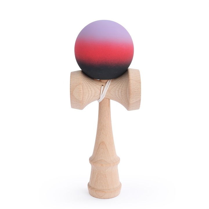 Professzionális, fából készült, kendama interaktív játék, 18 cm, csúszásgátló felületű labda, ügyességi játék gyerekeknek és felnőtteknek, színátmenetes modell, lila/piros/fekete szín