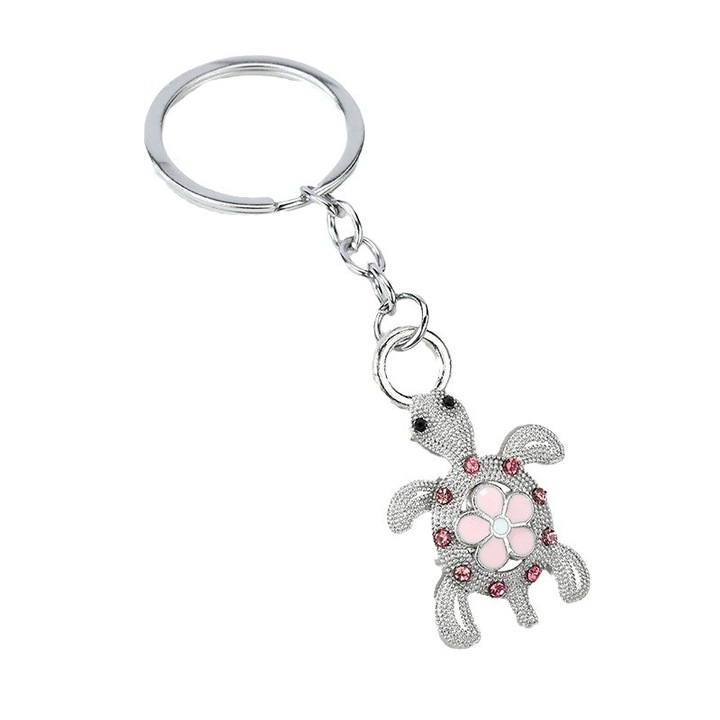 3D Tengeri Teknős Kulcstartó Strasszokkal, Fémötvözet, Rózsaszín, Kulcsokhoz/Táskához/Autóhoz