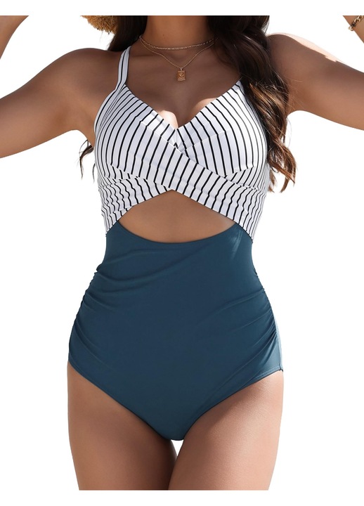 Costum de baie dintr-o bucata pentru femei, talie inalta, cu bretele incordate, spate descuiat, ideal pentru plaja sau inot, marimea L, LEIISVK, dungi albastre