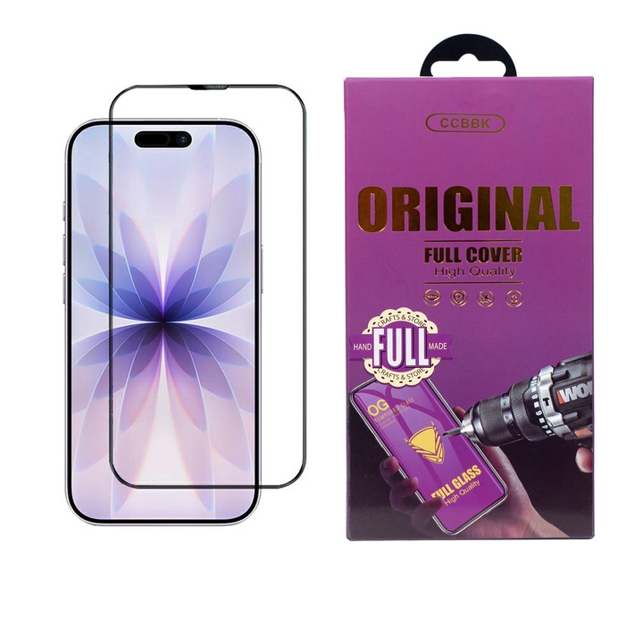 Protector din sticlă OG pentru iPhone 17, Anti șoc, Transparent/Negru