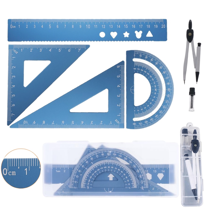 Set geometrie, 5 piese – rigla triunghiulara si compas, material aluminiu, ambalaj individual, 20 cm, albastru