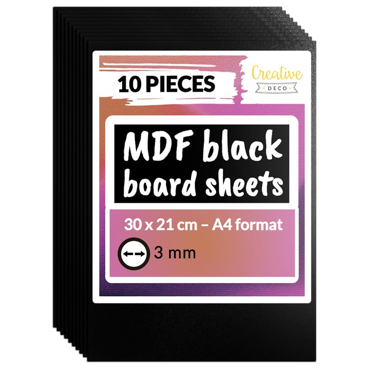 MDF плоскости A4, 3 мм, 10 листа, Черен, Creative Deco, за лазерно рязане, CNC, моделиране, декорация, безопасен за деца
