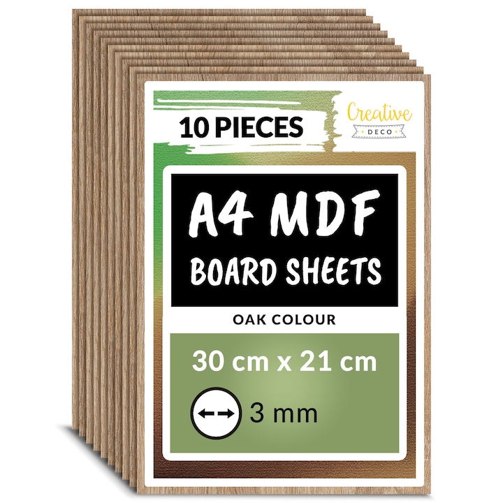 MDF плоскости A4, 3 мм, 10 листа, Дъб Содома, Creative Deco, за лазерно рязане, CNC, моделиране, декорация, безопасен за деца