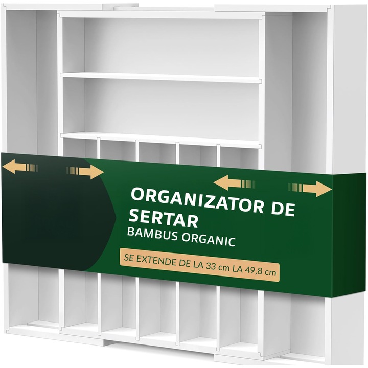 Разтегателен органайзер за прибори и прибори NextWave® – лакиран естествен бамбук, елегантен черен завършек, 9 дълбоки отделения (4, 8 см), регулируема ширина 34–50 см, дължина 44, 5 см, първокласен и екологичен дизайн за кухнята. бял