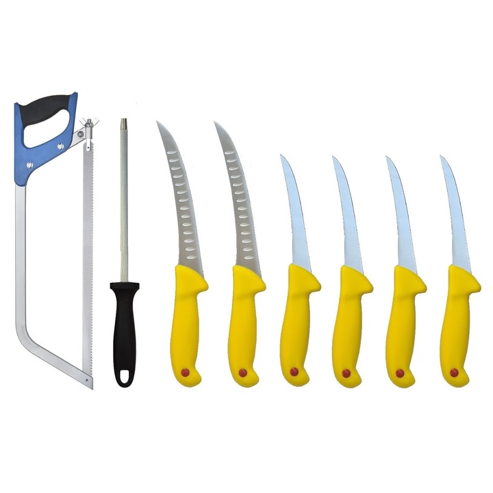 Set Profesional macelar format din 4 Cutite dezosat, 2 cutite filetat prevazute cu alveole, Galben + Masat 20cm + Fierastrau Oase