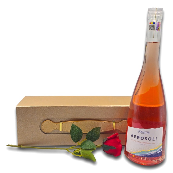 Pachet cadou original, CADOURI PREMIUM®, model Aerosoli Roze, cu vin roze Aerosoli, trandafir artificial si cutie cadou premium