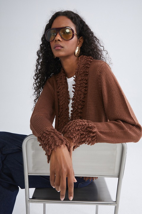 LC WAIKIKI, Cardigan uni cu detalii pufoase, fara inchidere, Maro cognac