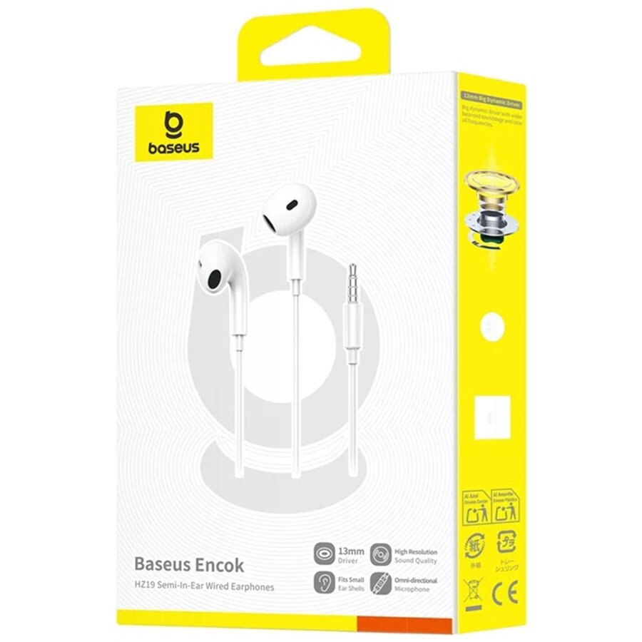 Căști cu fir Baseus, 3.5 mm, 20 Hz - 20 kHz, Alb