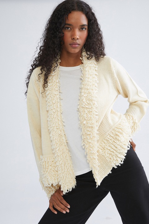 LC WAIKIKI, Cardigan uni cu detalii pufoase, fara inchidere, Crem