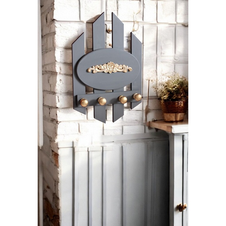 Suport chei, cuier, pictat manual, gri cu auriu, ornament de lemn, 4 agatatori, inaltime 48 cm