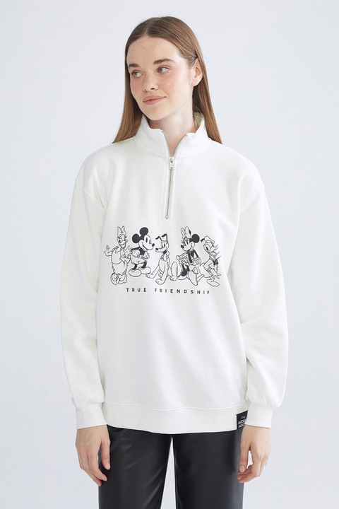 LC WAIKIKI, Bluza de trening cu maneci cazute si imprimeu, Alb/Negru, XS