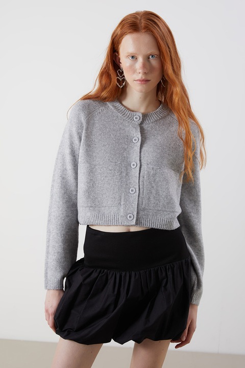 LC WAIKIKI, Cardigan crop din amestec de lana, Gri melange