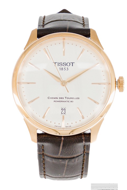 Tissot, Аналогов часовник с кожена каишка, Rose Gold, Тъмнокафяв