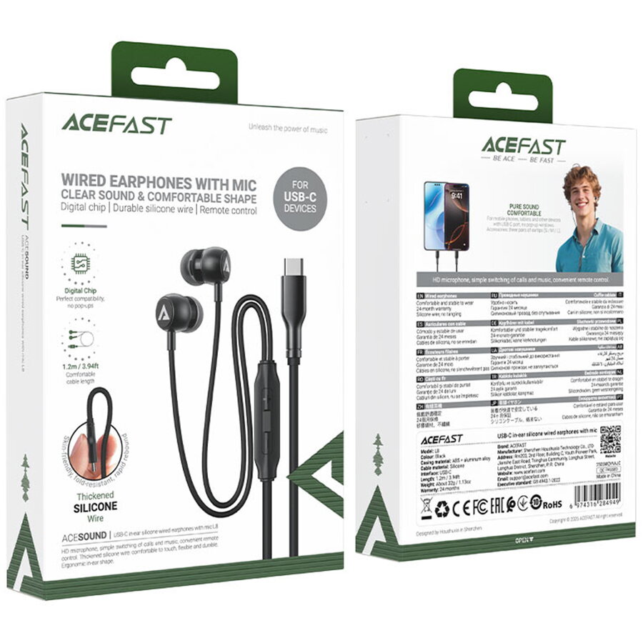 Căști cu fir, AceFast, 1.2m, USB-C, Negru