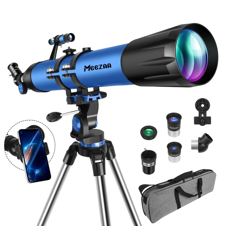 MEEZAA csillagászati távcső, 90mm, refraktor, 800mm, állvánnyal, telefonadapterrel és hordtáskával