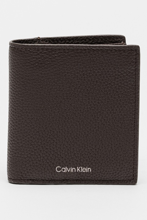 CALVIN KLEIN, Portofel pliabil de piele cu logo, Maro inchis