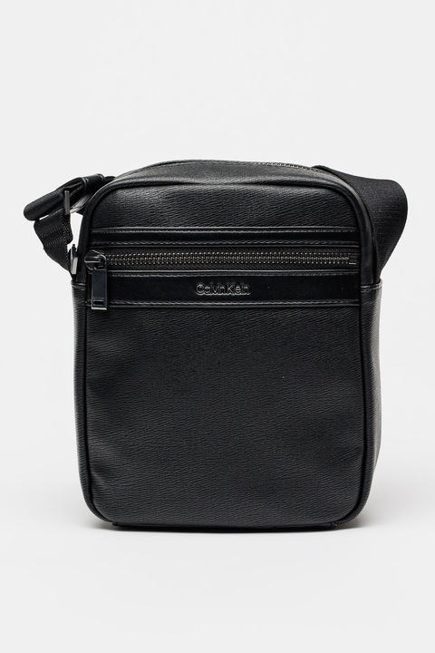 CALVIN KLEIN, Keresztpántos cipzáros műbőr táska, Fekete