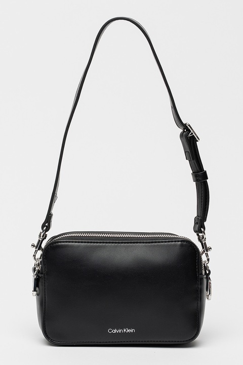 CALVIN KLEIN, Keresztpántos műbőr táska extra pánttal, Fekete