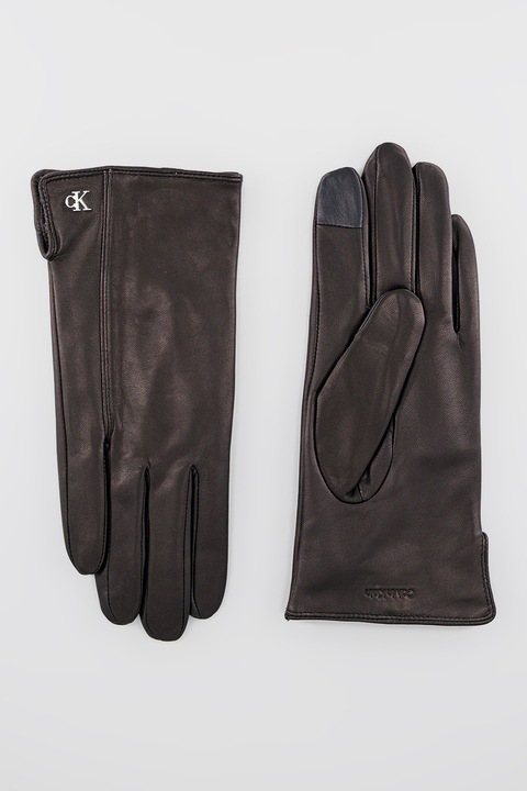 CALVIN KLEIN, Manusi din piele cu detalii logo, Maro inchis, 21 CM
