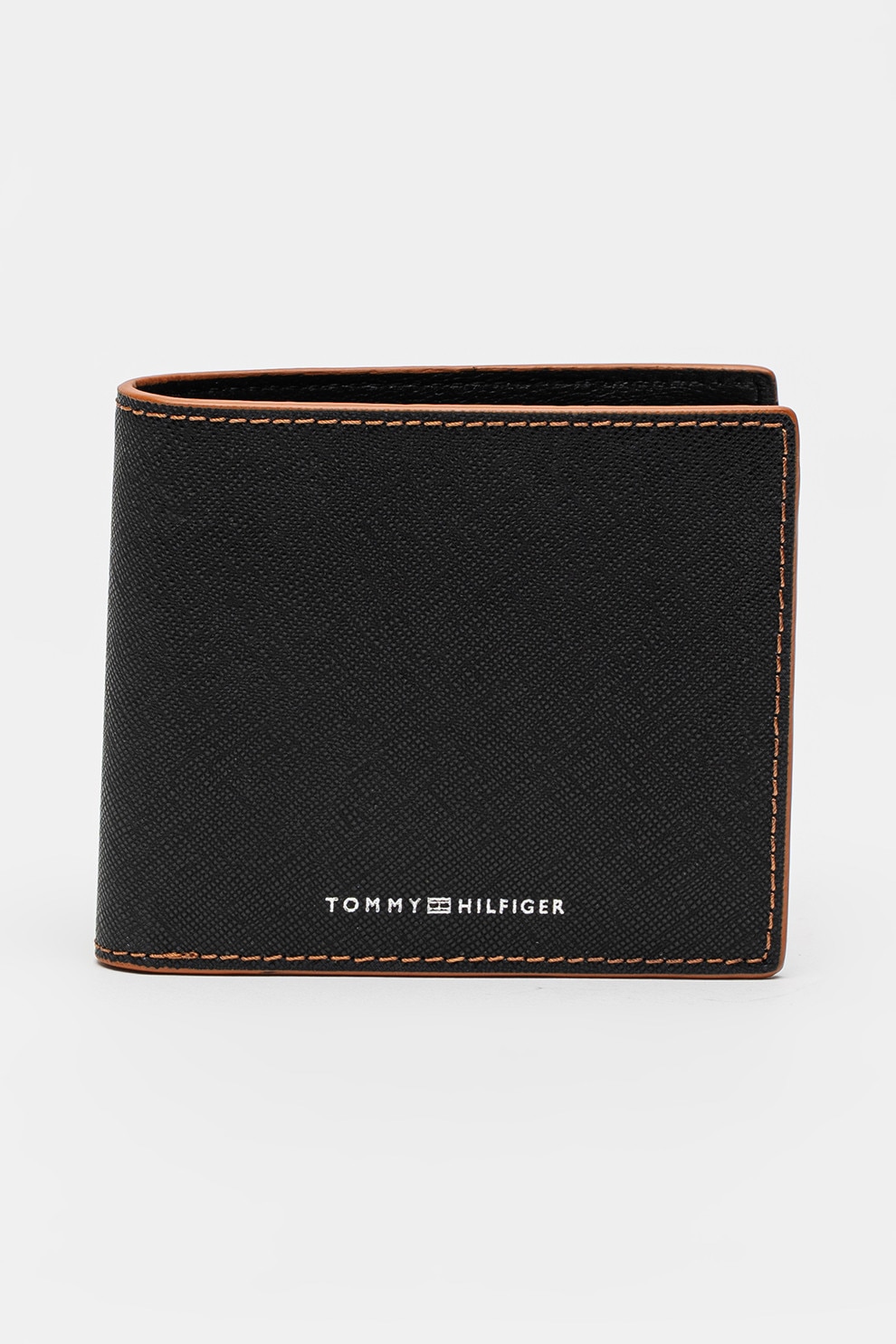 Tommy Hilfiger, Portofel pliabil texturat de piele, Negru, Caramel