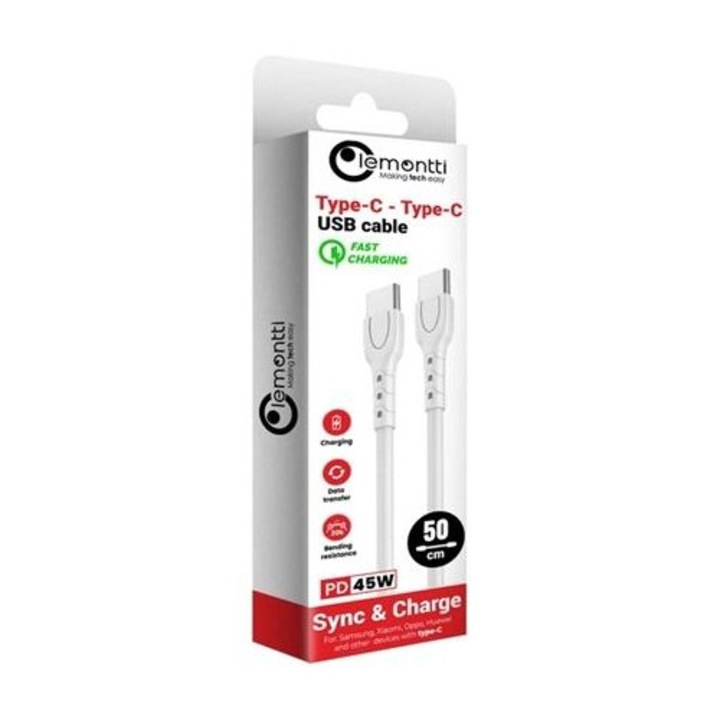 Cablu telefon LEMONTTI, USB Type-C la USB Type-C, alb, 0.5 metri, PVC