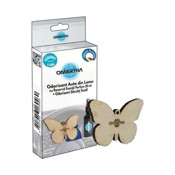 Odorizant auto OMERTHA OME40, forma fluture, din lemn, sticluta 30 ml, esenta de parfum Lavanda