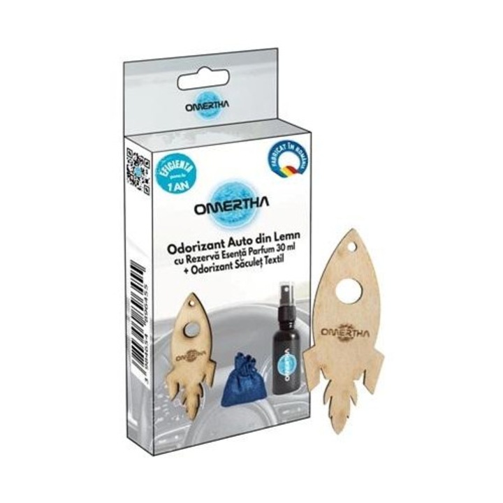 Odorizant auto OMERTHA OME84, rakéta alakú, fa, 30 ml-es üveg, Bleu Detoile parfüm esszencia