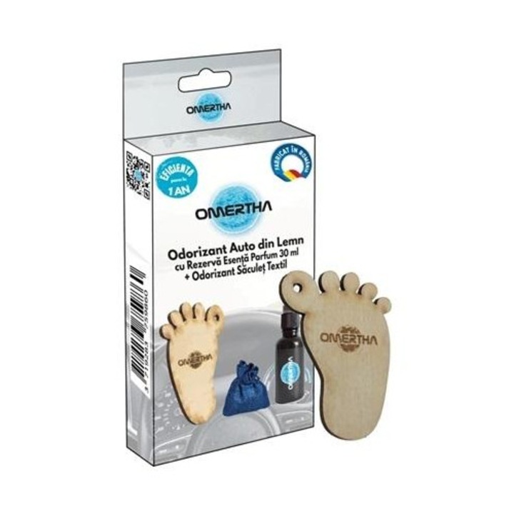 Autóillatosító OMERTHA OME17, talp alakú, fából, 30 ml-es üvegcsében, Black Mist parfüm esszencia