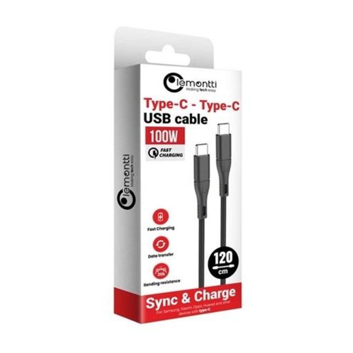 Cablu telefon LEMONTTI 100W SuperFast, USB Type-C la USB Type-C, negru, 1.2m, impletitura textila