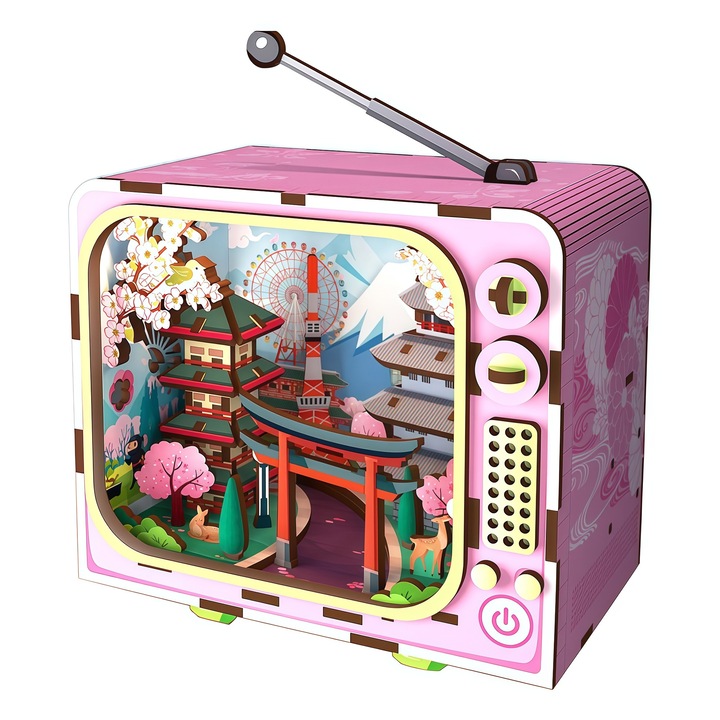 Puzzle 3D TV din Lemn, Omelivon® Kit Creative DIY cu Model in Miniatura si Lumini LED, Decor pentru Birou - Cadou Unic pentru Copii - 129 piese - „La Poalele Muntelui Fuji” Roz