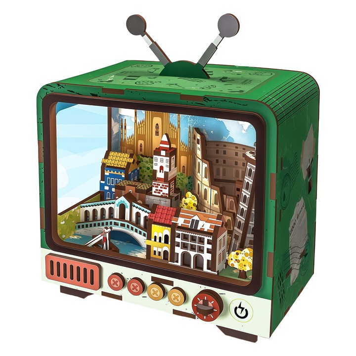 Puzzle 3D TV fából, Omelivon® Kreatív barkácskészlet miniatűr modellel és LED-fényekkel, irodai dekoráció – egyedi ajándék gyerekeknek – 116 darab – „Séta Velencében” zöld