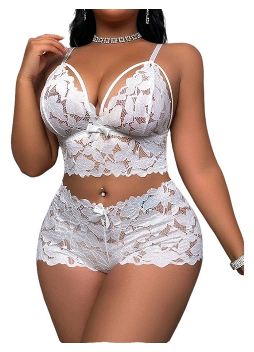 Passion Girls-Fehér átlátszó csipke melltartó és bugyi szett, szexi nagy méretek