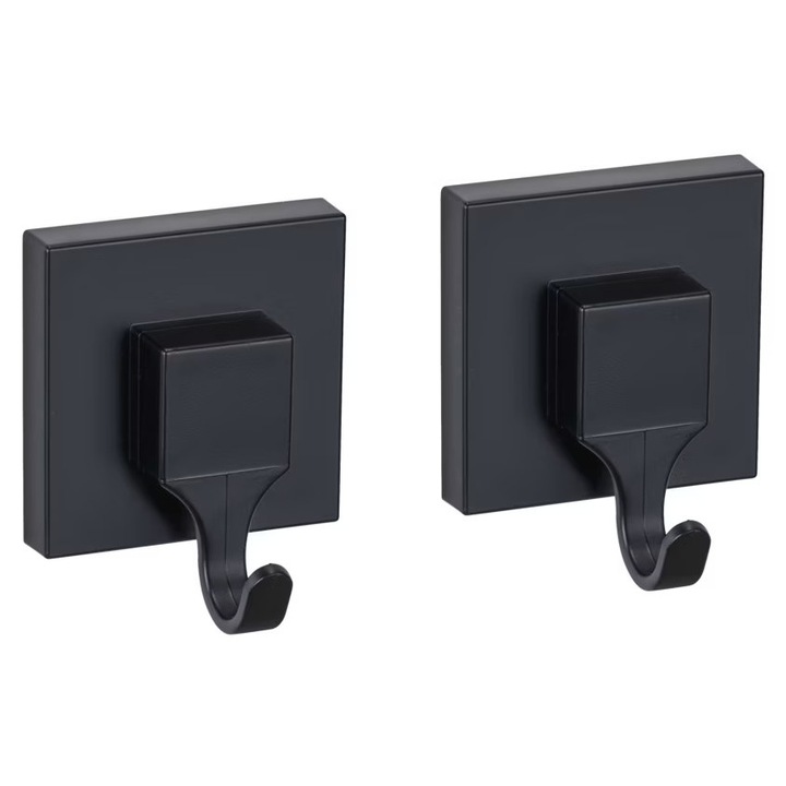 Set 2 cârlige negre din plastic Quadro, Wenko, sistem de fixare Vacuum-Loc, baie