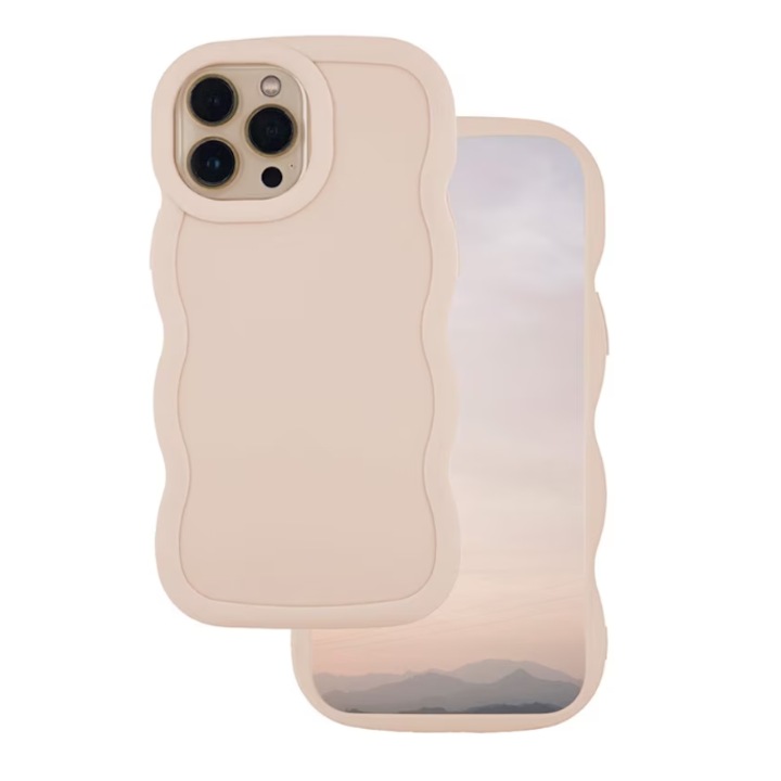 Калъф за защита, съвместим с iPhone 16 Pro, вълнообразен силикон, защита на камерата, повдигнати ръбове за защита на екрана, бежов