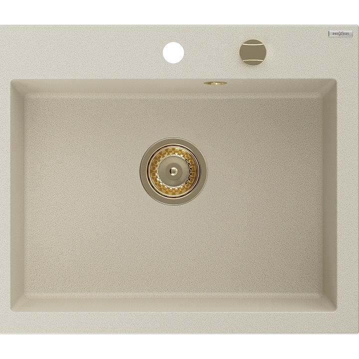 Chiuveta granit Mexen Elix cu 1 compartiment 600 x 500 mm, bej, sifon auriu - 6525601005-69-G