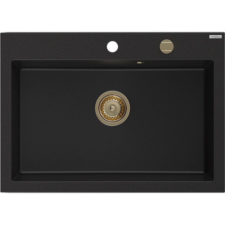 Mexen Elix chiuveta de bucatarie din granit cu 1 compartiment 700 x 500 mm, negru, sifon auriu - 6526701005-77-G