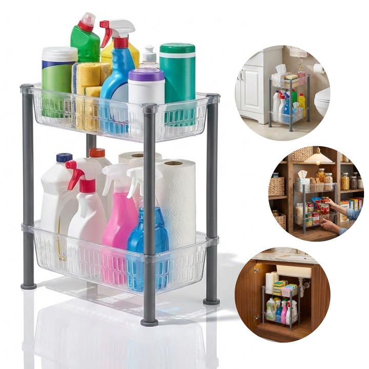 Organizator cu 2 nivele pentru bucatarie/baie Salestore.ro®, Montaj sub chiuveta, dulap, baie, Raft organizator Slim 19.5x40x45.5 cm, Organizare Bucatarie si Baie, Plastic, Transparent/Gri