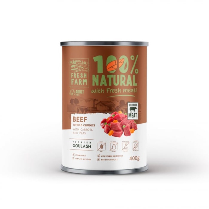 Conserva pentru câini Fresh Farm Goulash cu vită, morcovi și mazăre 400 gr, hrană umedă naturală, toate talile, adult