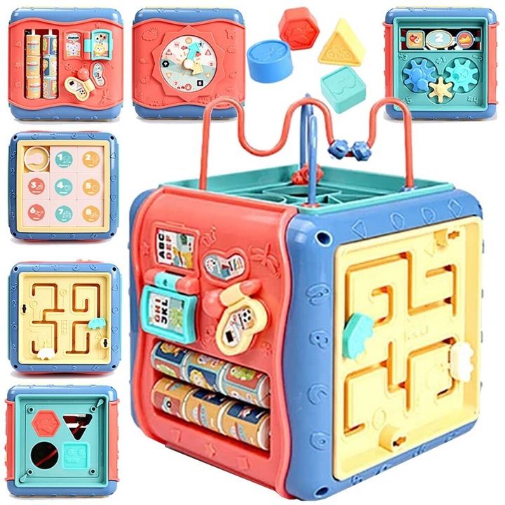 Cub educativ multifunctional 7 in 1 pentru copii, jucarie interactiva cu forme, roti si sunete, SALLMA®