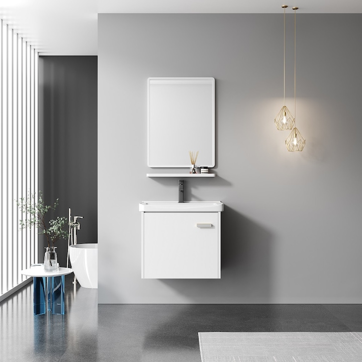 Комплект мебели за баняSANOTECHNIK ZETA P004-40, от PVC, 40 см. - долен шкаф с умивалник и огледало с етажерка