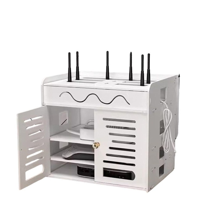 Шкаф органайзер за Wi-Fi рутер и аксесоари, 3 рафта, 2 отделения, Множество вентилационни прорези, 36 × 26.5 × 32.5 сантиметра, Бял