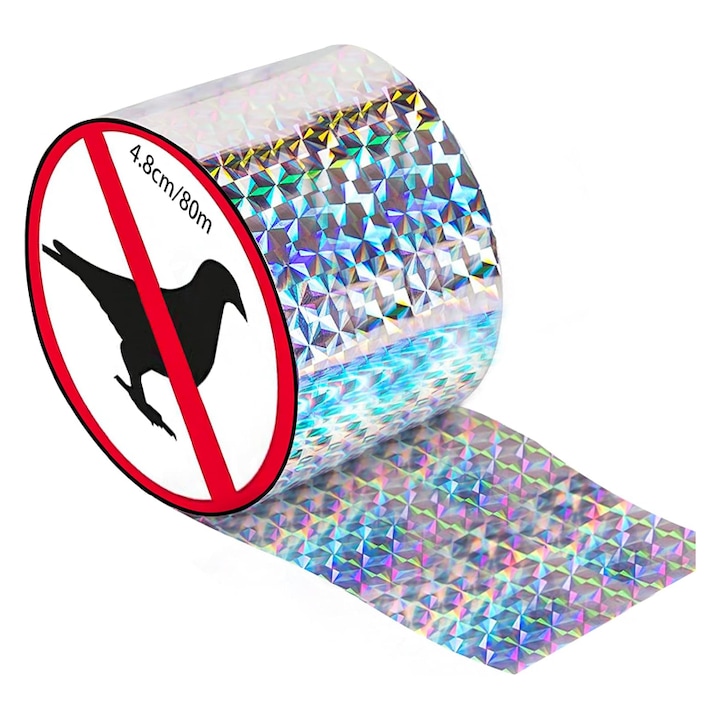 Banda Reflectorizanta Sperietoare de Pasari SUPER TRENDS®, 80 m x 4.8 cm, Protectie si Descurajare a Porumbeilor, pentru Balcoane, Gradini si Acoperisuri, Model Holografic
